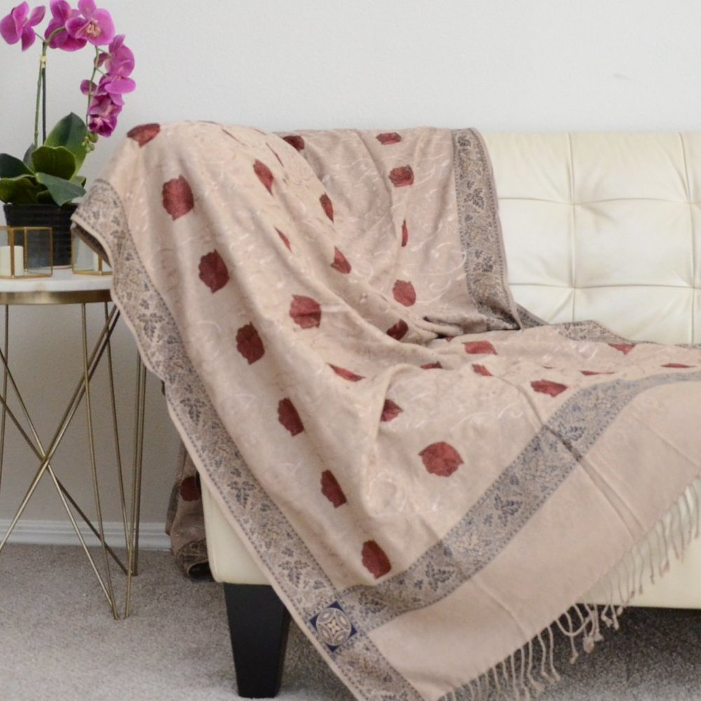 NEW Shawl/Stole, Indian Pashmina Wool, Beige, Embroidered Flower & Vine, 90x41
